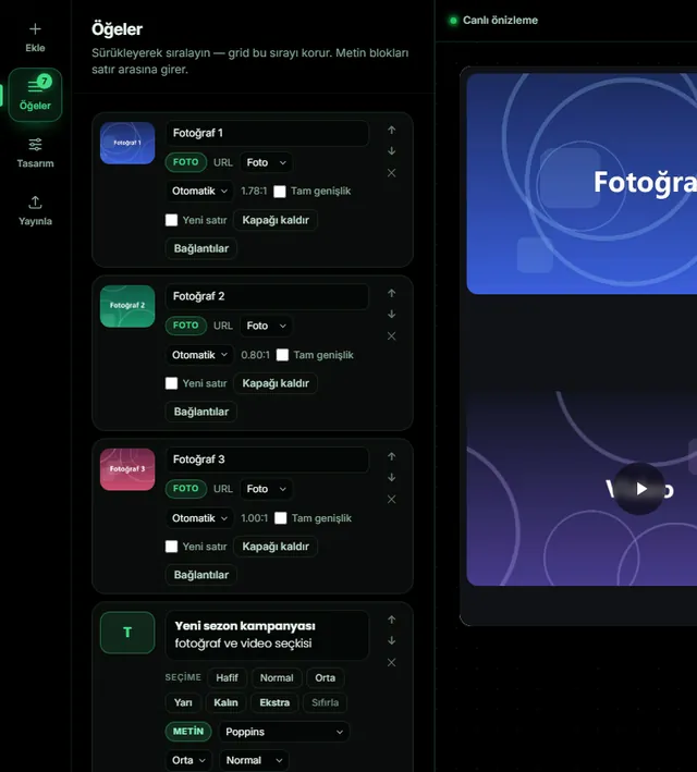 Behance Grid öğe listesi: sürükle bırak sıralama