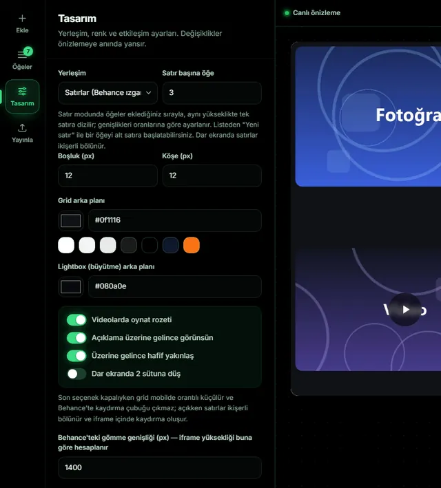 Behance Grid tasarım ayarları: düzen, boşluk, köşe, arka plan rengi