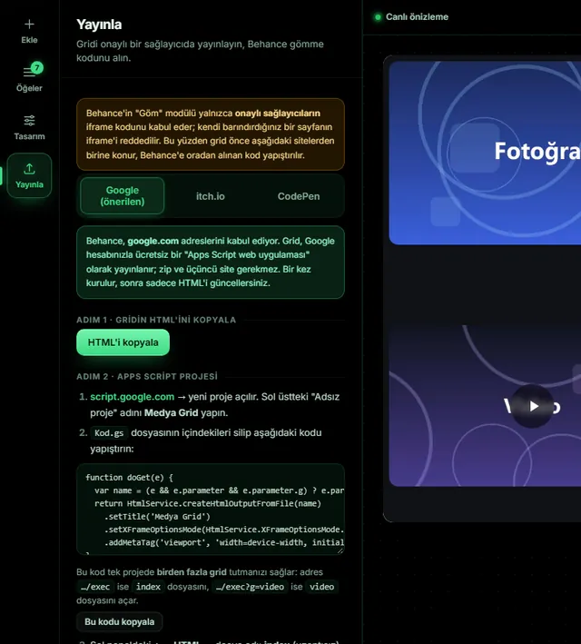 Behance Grid yayınla ekranı: Google Apps Script adımları