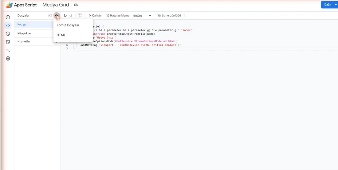 + düğmesi: Komut Dosyası / HTML seçenekleri.